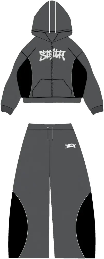 STRITA STEEL SUIT: steel-grey zip hoodie and wide-leg pants